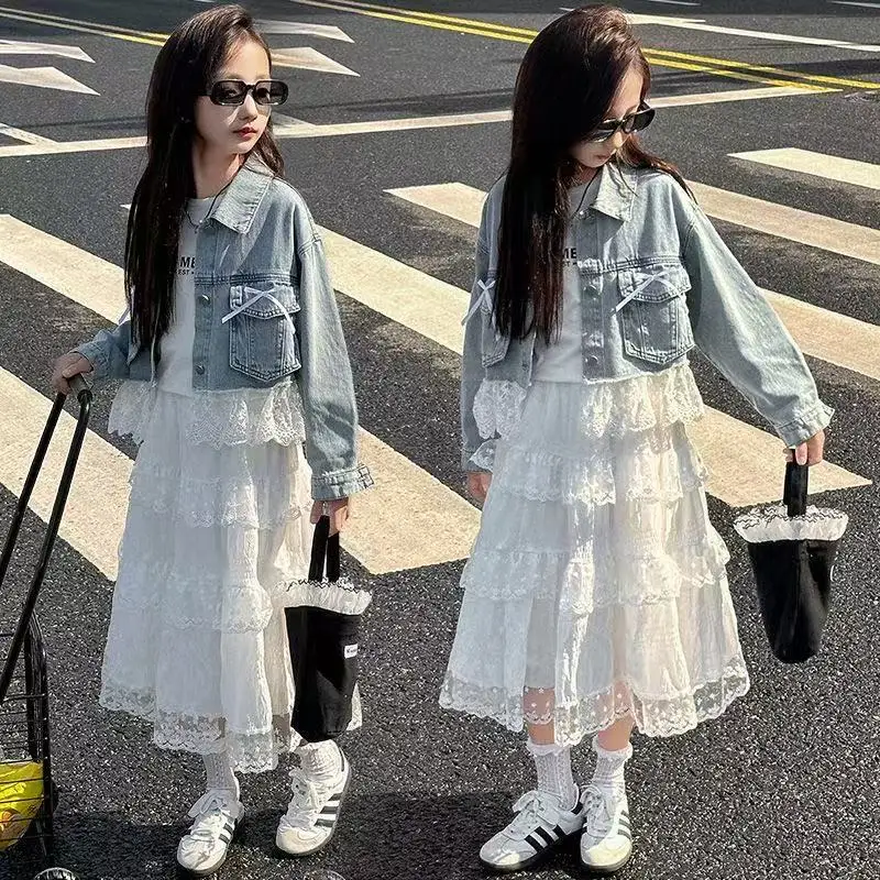 Girls' Spring Dress Set 2026 New Korean Girls' Cowboy Coat Half Body Lace Cake Skirt Two Piece Set