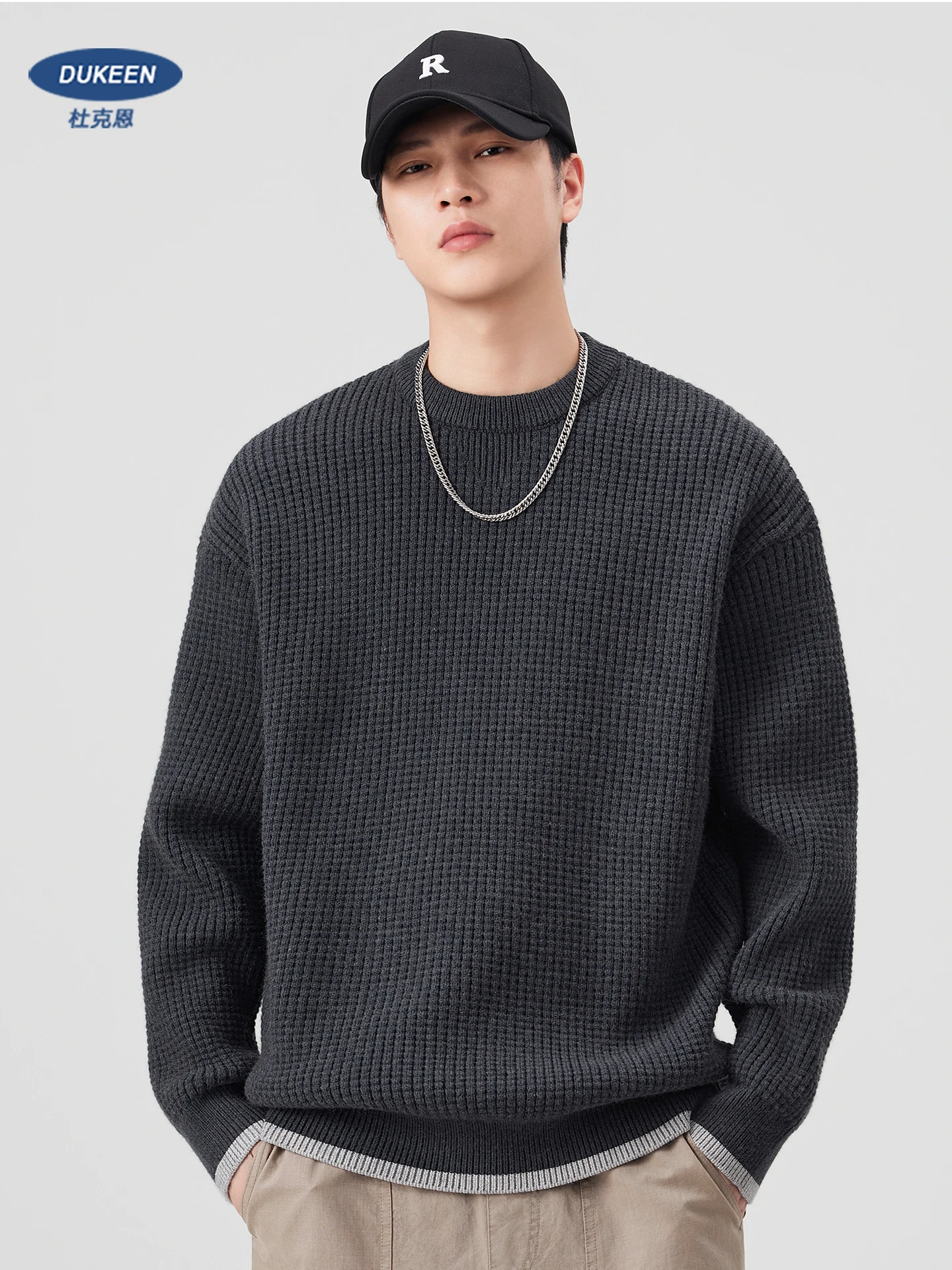 

DUKEEN 760G Heavyweight Men's Sweater Autumn and Winter Vintage Style Solid Color Loose Fit Pullover High Quality Warm Knitwear