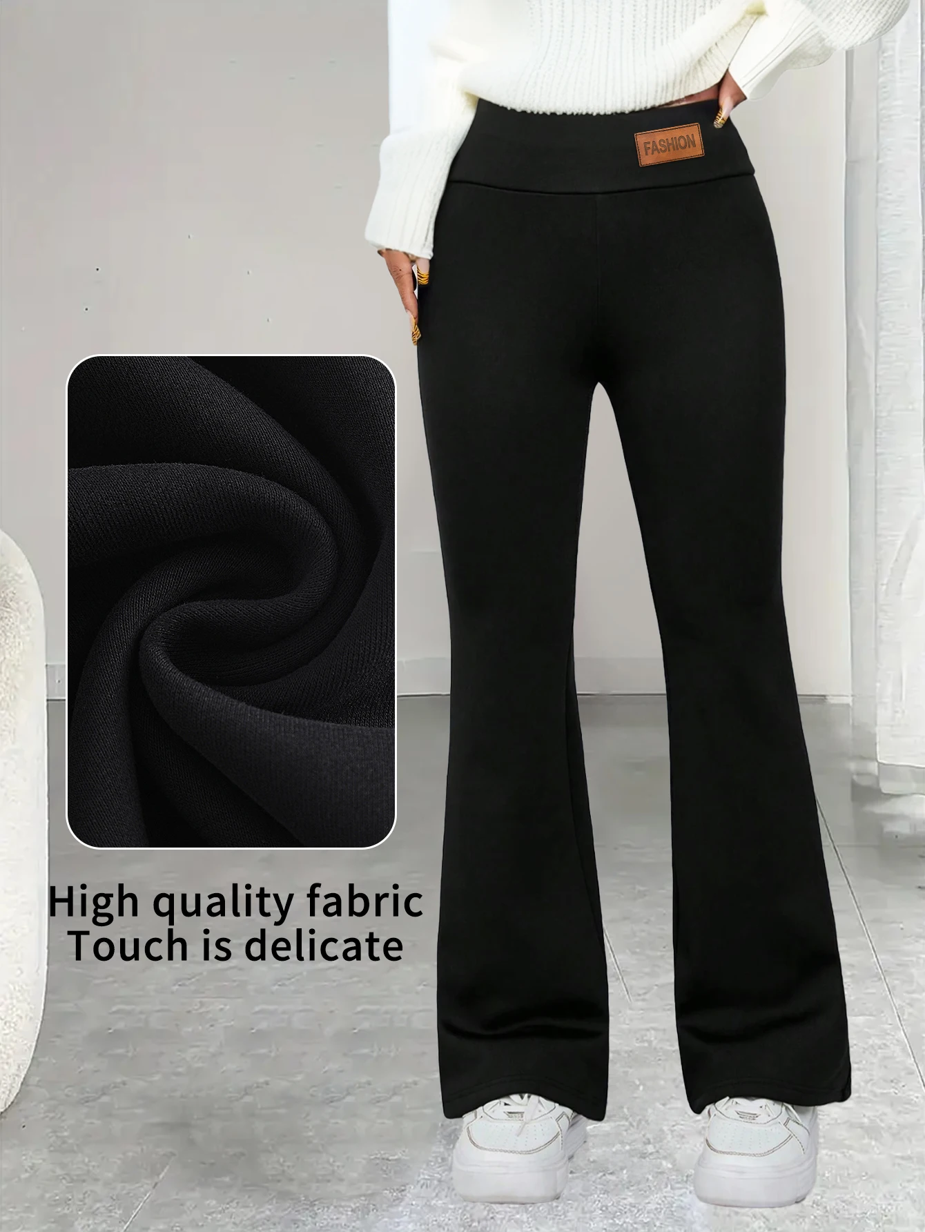 بنطال حراري نسائي، كامل الطول، مضيئة، حذاء برقبة واسعة، طراز Y2K قديم، مبطن بالصوف، عالي الخصر، مريح
