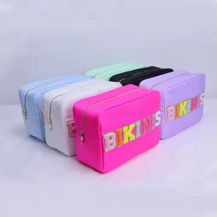 Chenille Letter Patch Large Capacity Waterproof Nylon Makeup Travel Bag Nylon Pouch Personalized Cosmetic Bag