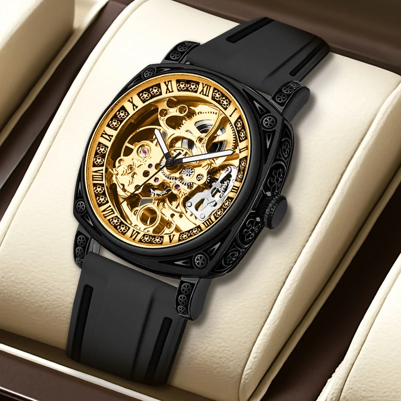 

A men's black silicone strap vintage casual black engraved case with Roman numerals automatic mechanical watch