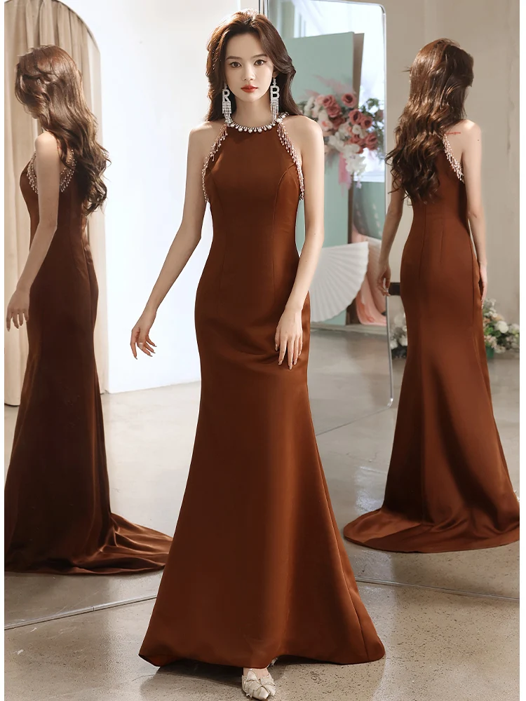 

Ele Evening Gown Women's High-End Cusized Dr Korean Sle Mid-Waist Long Skirt without Sves Beaded U-Neline