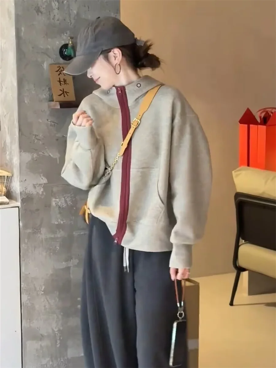 

Korean Design Sense Color Blo Zipper Hooded Open Cardigan Sweatirt Women's Spring Autumn Faion Lazy Slimming ort Top