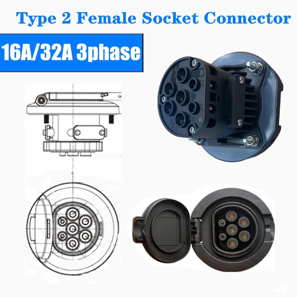 Enchufe de carga EV tipo 2, Conector de 4 puntos, estándar europeo fijo IEC 62196-2 32A, 3 fases AC