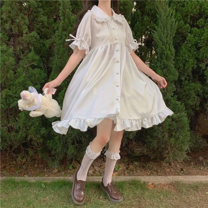 Lolita Fairy Dresses Women Summer New Peter Pan Collar Sweet Lace-up Puff Sleeve Solid Patchwork Edible Tree Fungus Loose Dress