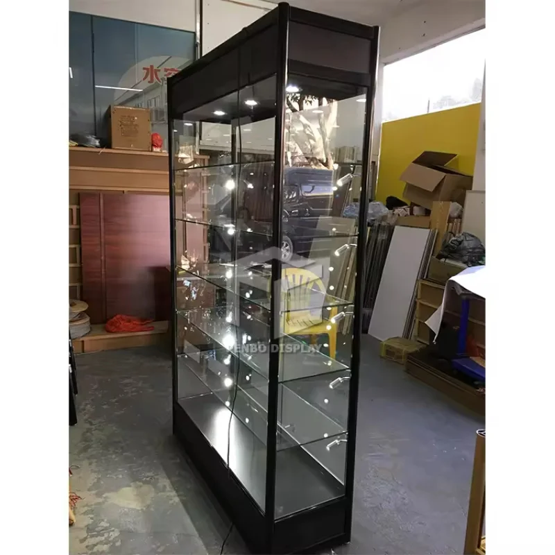 2025customized.Factory Glass Display Stand Cabinet Showcase with Led Light Mirror Sliding By