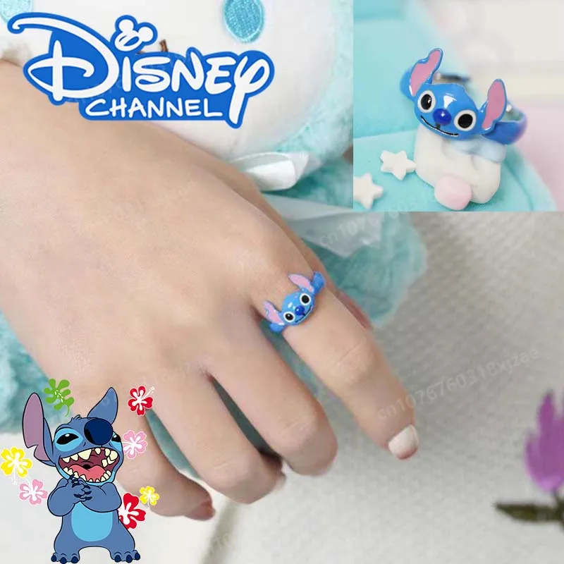 New Disney Stitch Dripping Oil Ring Cartoon Figure Sweet Opening Cute Embrace Shape Warm Blue Children's Jewelry Decoration Gift