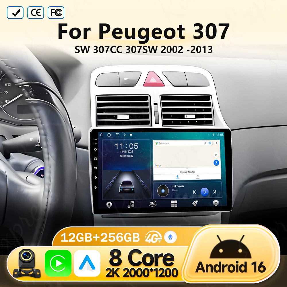 Rádio Automotivo Android para Peugeot 307 SW 307CC 307SW 2002-2013, Reprodutor Multimídia com GPS, Navegação 4G, Carplay, SEM DVD 2DIN, Carplay