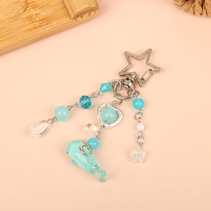 Y2K Aesthetic Marine Whale Keychain Korean Sweet Girly Beaded Keyring Car Key Holder Bag Pendant Backpack Hanging Decoration