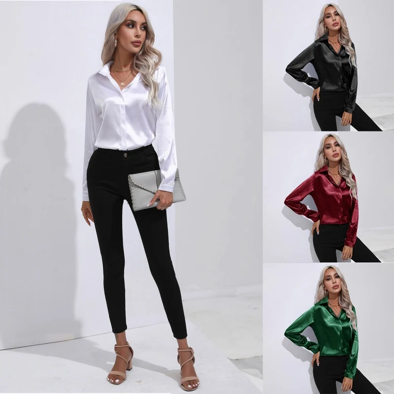 Womens Long Sleeve Button Down Satin Shirts Work Business Casual Blouses Tops