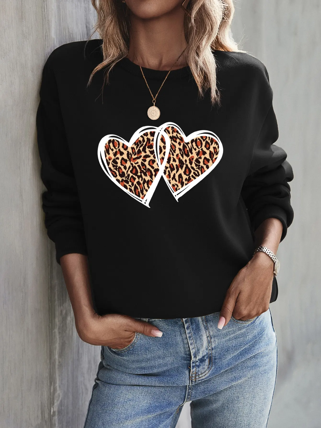 Intersecing Leopard Pattern Love Prints felpe da donna felpe larghe Hip Hop felpe in pile cartoni animati abbigliamento Street New pullover