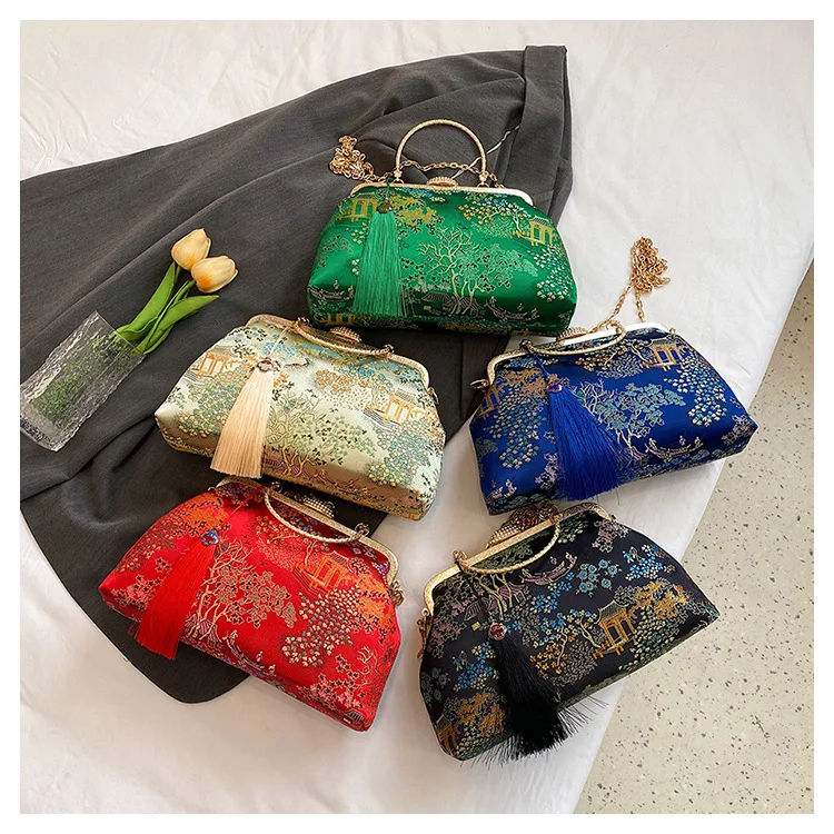 Chinese Style Hanfu Evening Bag For Women Vintage Print Tassel Clutches Metal Handle Handbags Wedding Party Chain Shoulder bag