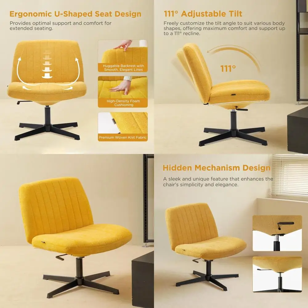 

Adjustable Height Swivel Chair, Armless Cross-Legged Desk Chair, Wide Seat, No Wheels, Home/Office Use (Yellow)