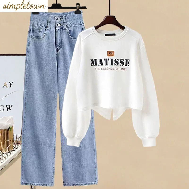 

2023 Autumn and Winter Set Korean Loose Fitting Fashion Casual Top Versatile Denim Wide Leg Pants Two Piece Set for Women