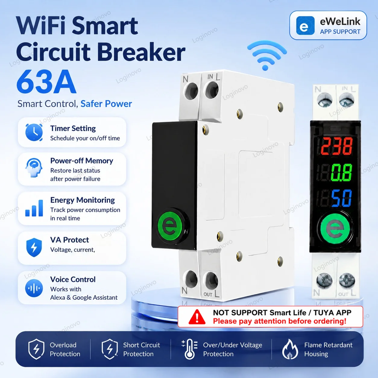 63A Smart WiFi Circuit Breaker MCB Relay Switch EWelink APP Energy Monitor Voltage Current Protector Alexa Google Voice Control