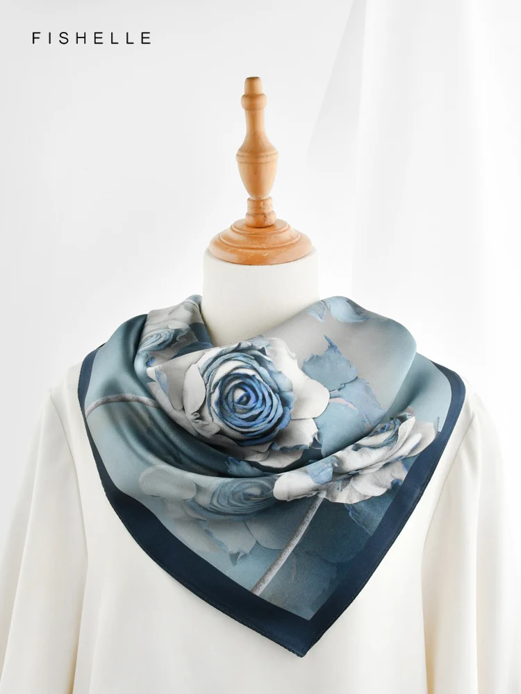 Grey Blue White Rose natural silk scarf for women 65cm square foulard luxury ladies hair scarves headscarf spring autumn