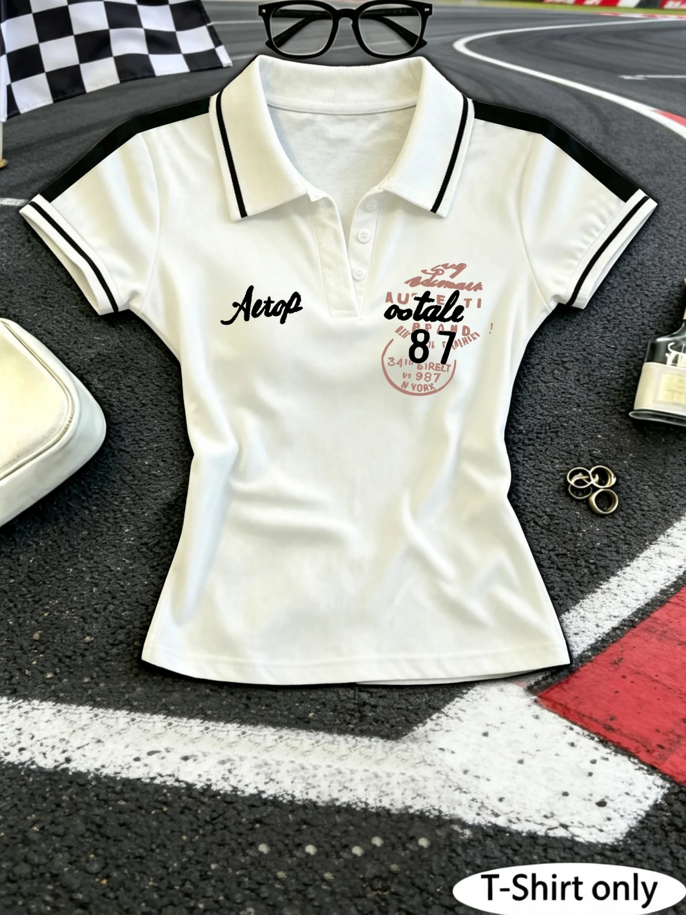 Women Y2K Cropped Polo Shirt, Vintage Letter 87 Number Print Short Sleeve, Contrast Stripe SlimTopfor Daily Street Sports Casual