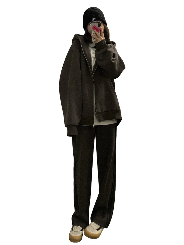 American Retro Long Sve Hoodie Jaet Women's Autumn Winter New Loose Open Cardigan Top Cotton Polyester Blend Zipper Closure