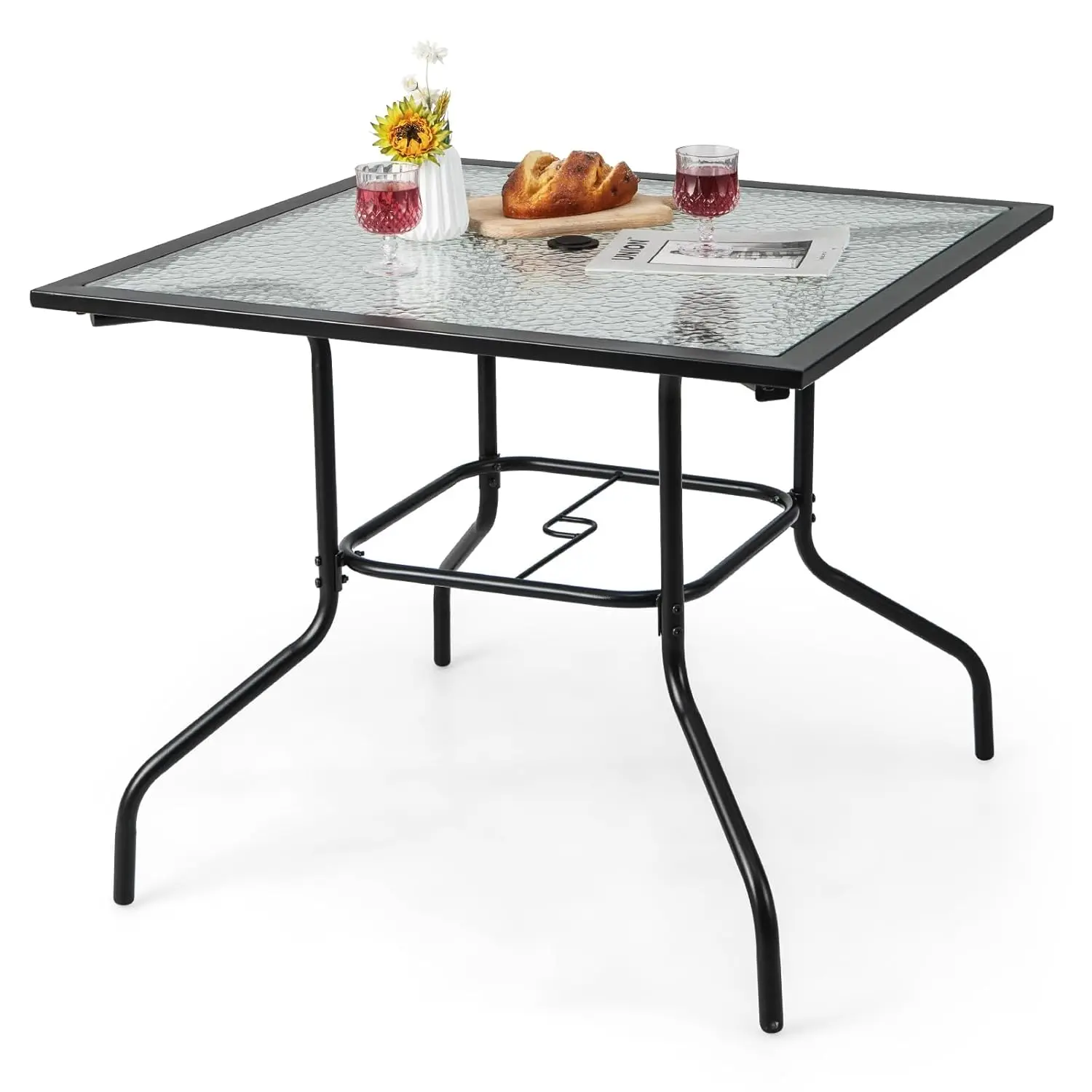 

Patio Square Dining Table 35" x 35", Outdoor Dining Table with Tempered Glass Tabletop & 1.5" Umbrella Hole, Metal, Customized