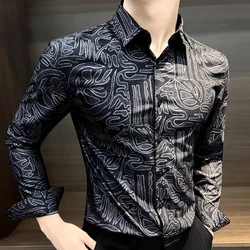 Spring Autumn Boyfriend Button Turn-down Collar Long Sleeve Geometric Printing Cardigan Men's Clothing Shirt Casual Formal Tops