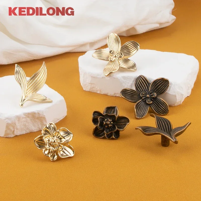 KEDLO European Light Luxury Flower Zinc Alloy Drawer Gold  Knob Furniture Hardware Kitchen Cabinet Vintage Bronze Pull Handle