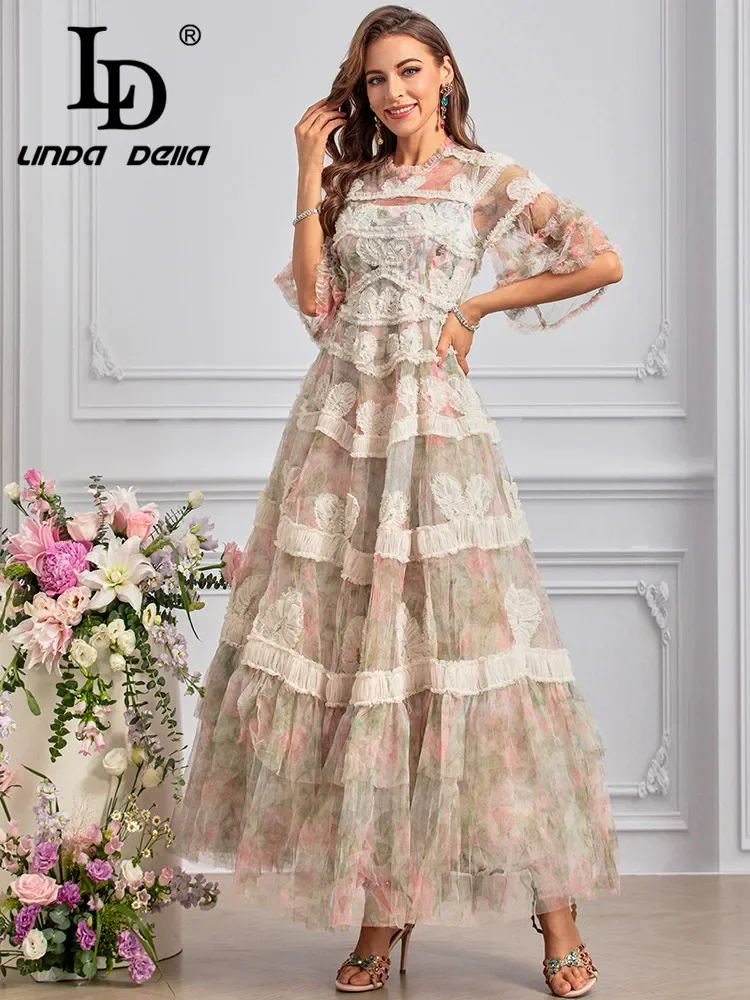 LD LINDA DELLA Summer Runway Fashion Dresses Women's Bohemian Floral Print Net Yarn Temperament Sexy Ruffles Dresses Sizes S-4XL