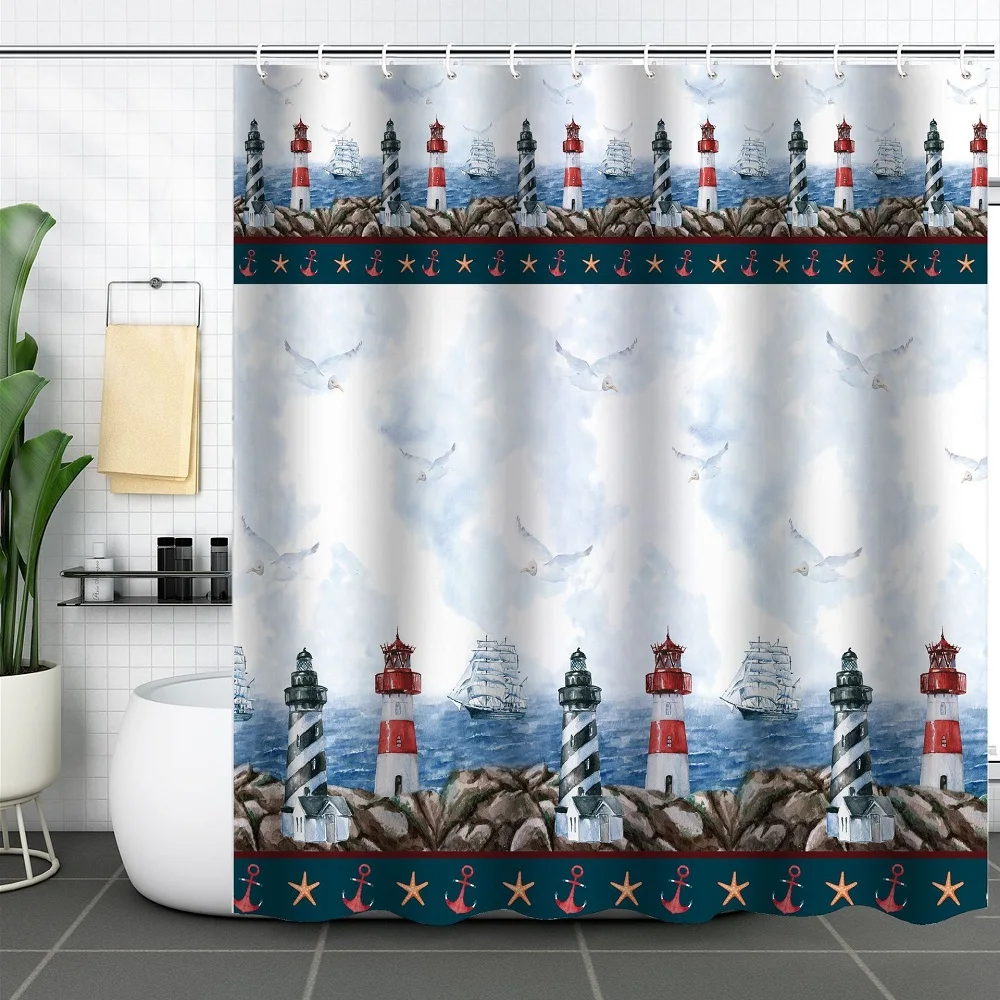 

Ocean Nautical Shower Curtain Lighthouse on The Seaside Marine Seascape Theme Bath Curtains Waterproof Fabric Bathroom with Hook