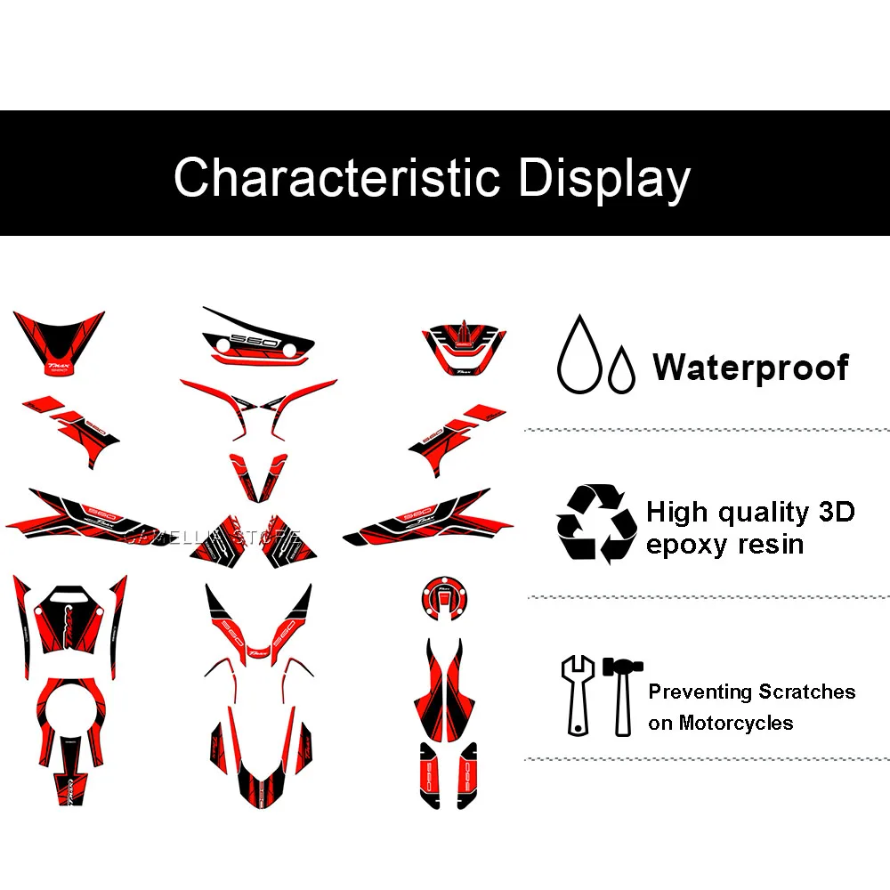 Motorcycle Sticker Set - New 3D Epoxy Resin Waterproof Red Motorcycle Fuel Tank Floor Protection Sticker for Yamaha TMAX 560