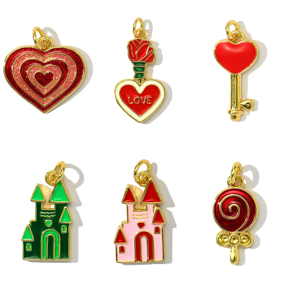 

3Pcs/Lot Copper Flower House Charms Enamel Heart Pendants For DIY Fashion Jewelry Making Necklace Earring Wholesale