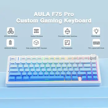 AULA F75 Pro 개스킷 무선 게이밍 기계식 키보드, RGB 커스터마이징 75% 레이아웃, 측면 각인 PBT 키캡 