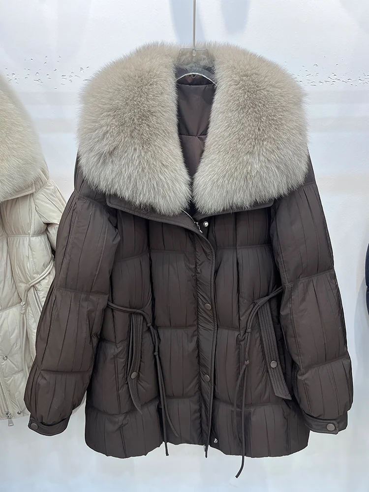 Moda feminina inverno quente puffer jaquetas gola de pele de raposa natural real ganso para baixo jaquetas casaco grosso cusual outwear roupas