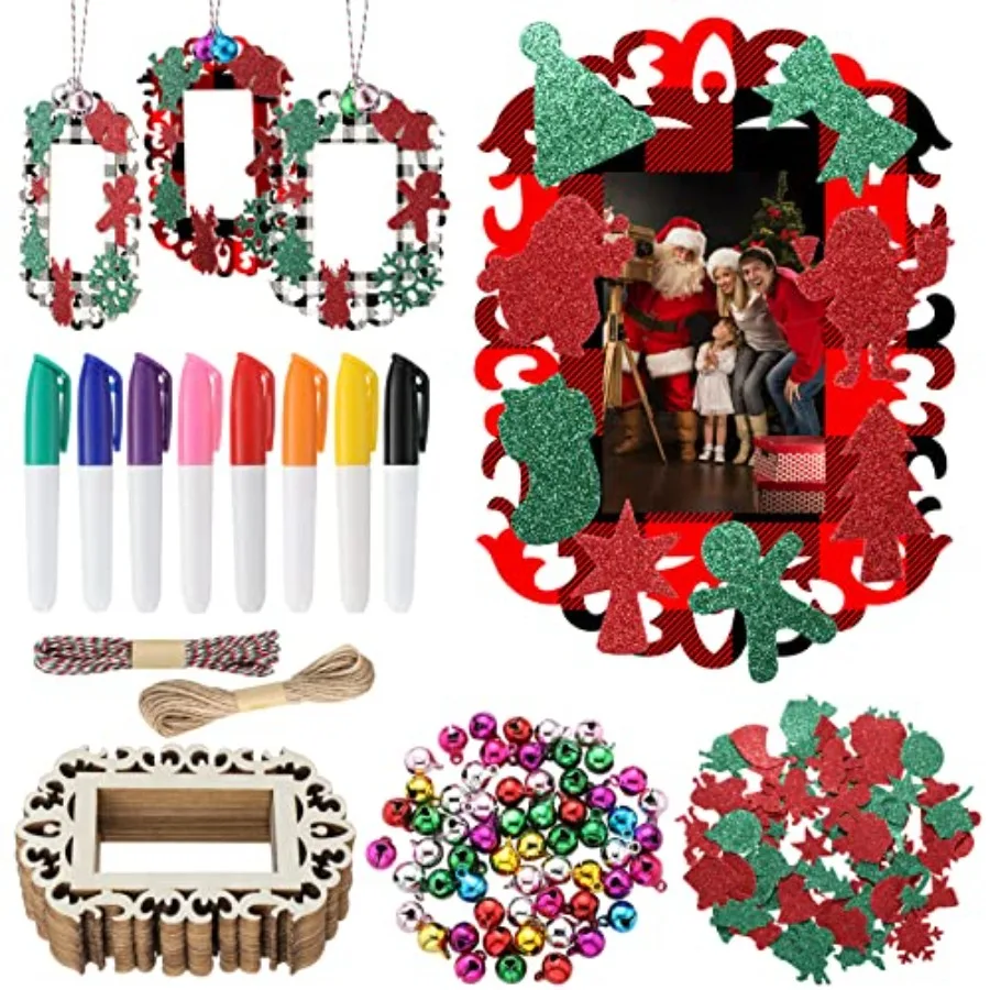 144 Pcs Christmas Picture Frame Ornament 24 Pcs Unfinished Wooden Photo Cutouts with Bells EVA Wood Slices Colored Markers for