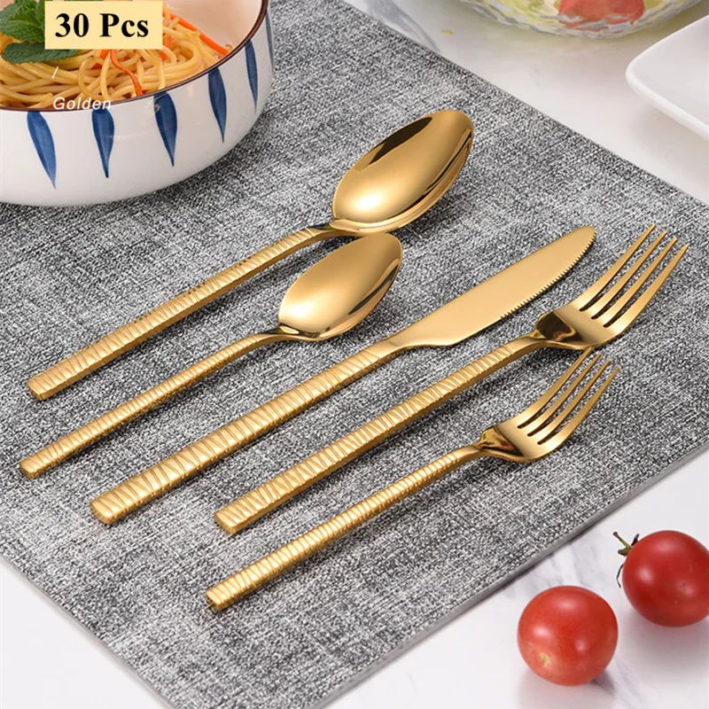 30 Pcs Luxury Golden Cutlery Set Dinnerware Set Tableware Black Dinner Fork Knife Silverware For 6 Flatware Drop Shipping