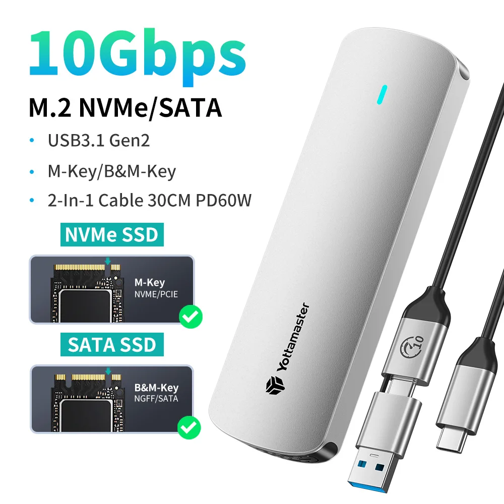 NONE Yottamaster M2 SSD-Gehäuse Dual-Protokoll Festplattengehäuse 10Gbps NVME PCIE und 5Gbps SATA AHCI Externes Solid-State-Laufwerksgehäuse 8