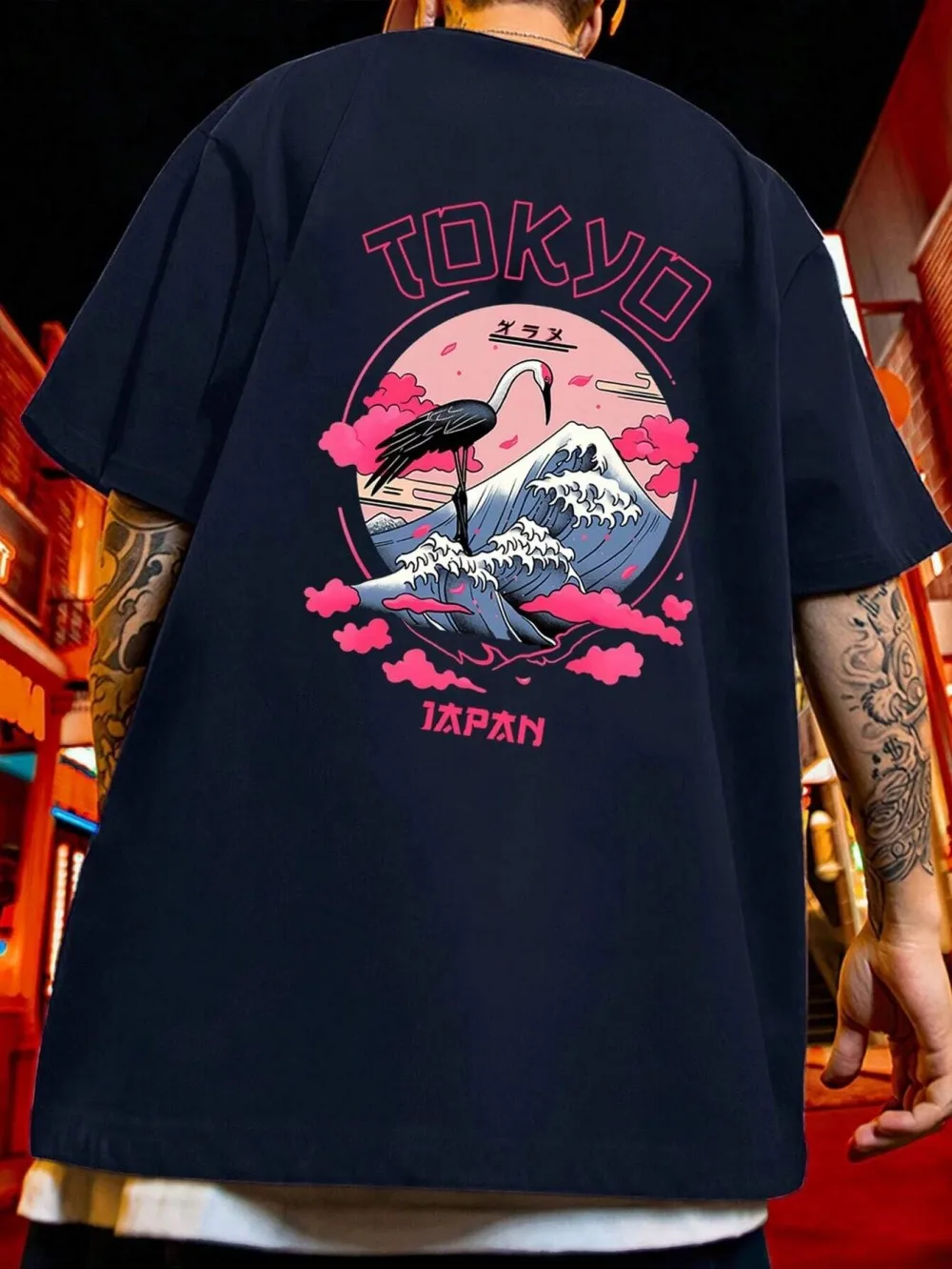 European and American men's summer landscape red crowned crane print soft and breathable round neck T-shirt outdoor street top