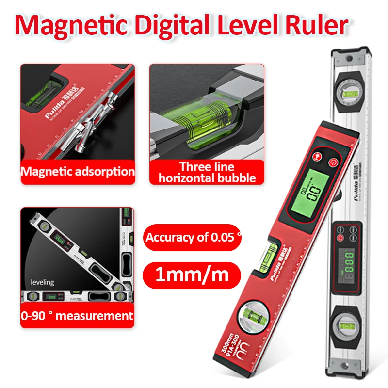 Magnetic Digital Level Ruler 20-50cm High Precision Electronic Level 0-90° Bubble Level Inclinometer Angle Slope Measuring Ruler