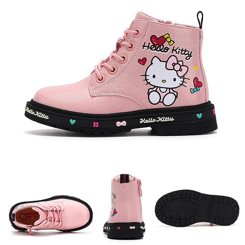 Miniso Hello Kitty Little Girls Martin Boots Children Princess Leather Shoes Kids Ankle Boot Student Short Non-Slip Fashion Gift