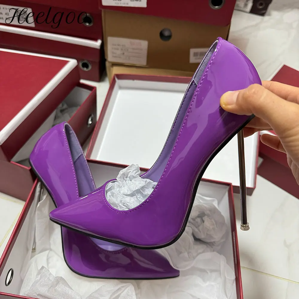 Heelgoo Customize 12cm Metal High Heels Women Sexy Glossy Purple Stilettos Pumps Office Ladies Pointed Toe Unisex Party Shoes