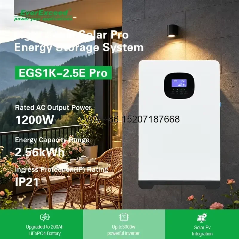 Wmwmnu Compact 1K-2.5E Solar Pro 2.56kWh 1200W All-In-One IP21 Energy Storage System 60A Wall-Mounted LiFePO4 Auto-Switch