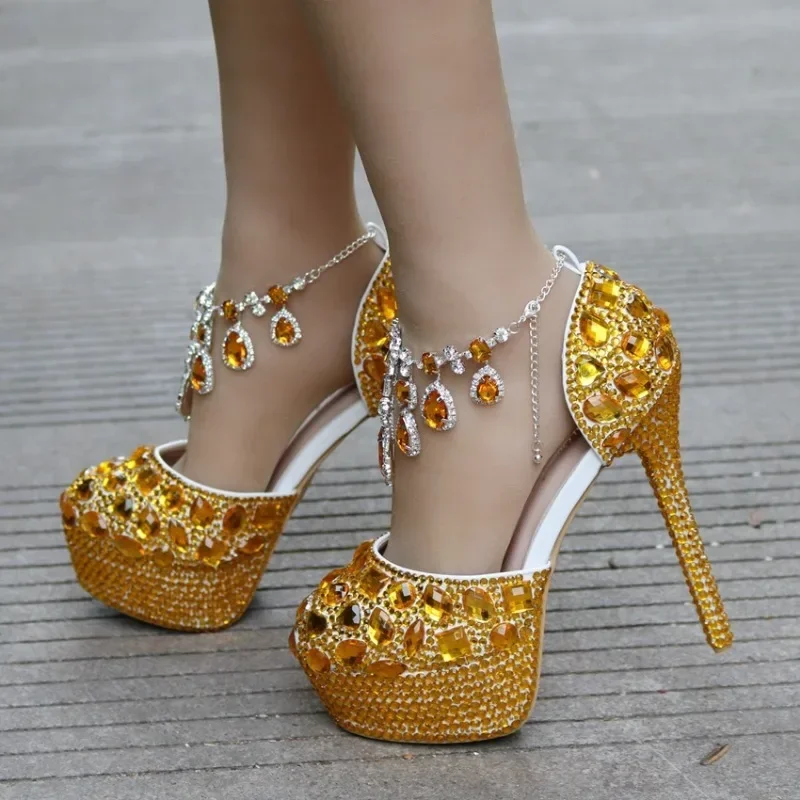 Luxury Women\'s Sandals Party Round Toe Rhinestone Buckle Strap 14CM Thin Heels Platform Fashion Party Prom Shoes For Women White