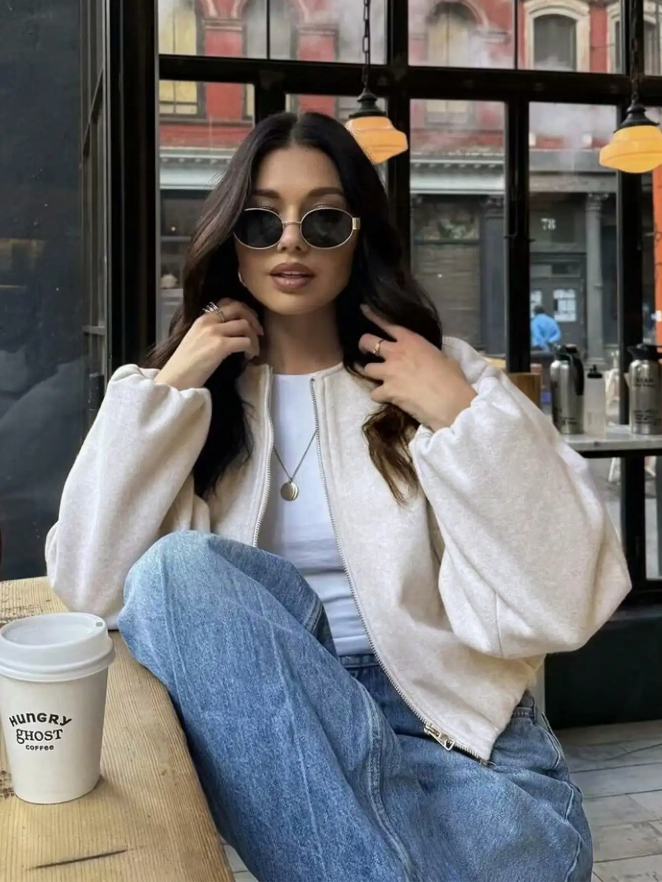 

Women's Solid Color Zip-Up Casual Long Sleeve Jacket With Pockets, Suitable For Autumn/Winter GMFP Women's Autumn/Winter Bomber