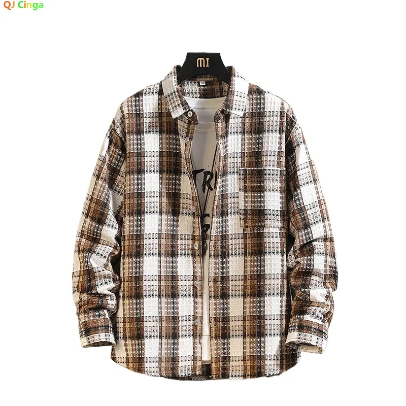 

Spring New White Men's Lapel Long-sleeved Shirt, Black Classic Striped Plaid Shirts, Asian Size M-5XL
