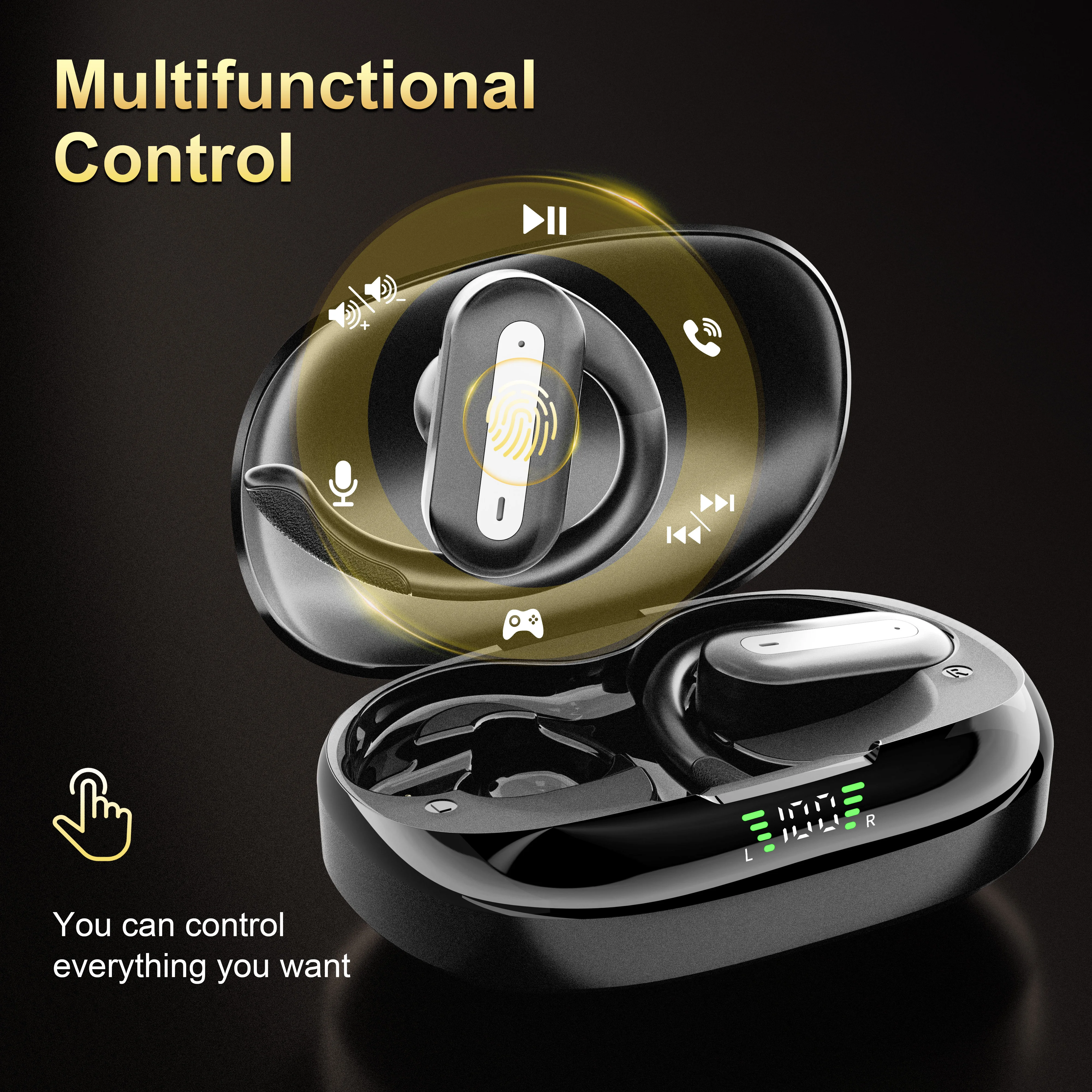 Tws Touch-Controlled Sports Wireless Bluetooth Earphones with Power Display, Anc Noise Reduction, Over-Ear Gaming Charging Headphones, Led Digital Power Display, Charging, High-Definition Calls, Stereo Sound