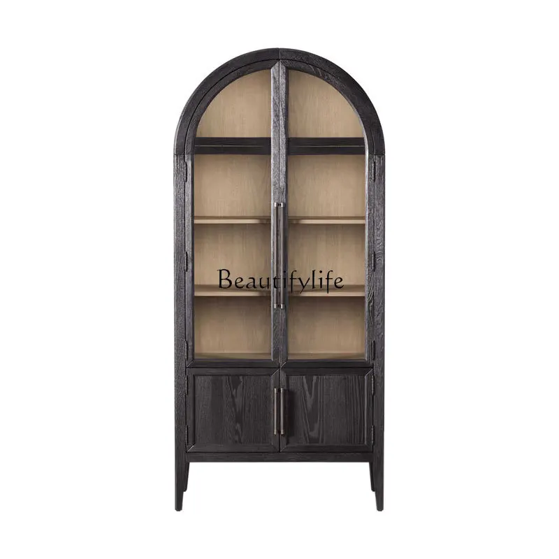 

American arched locker French retro glass door living room ash wood side cabinet
