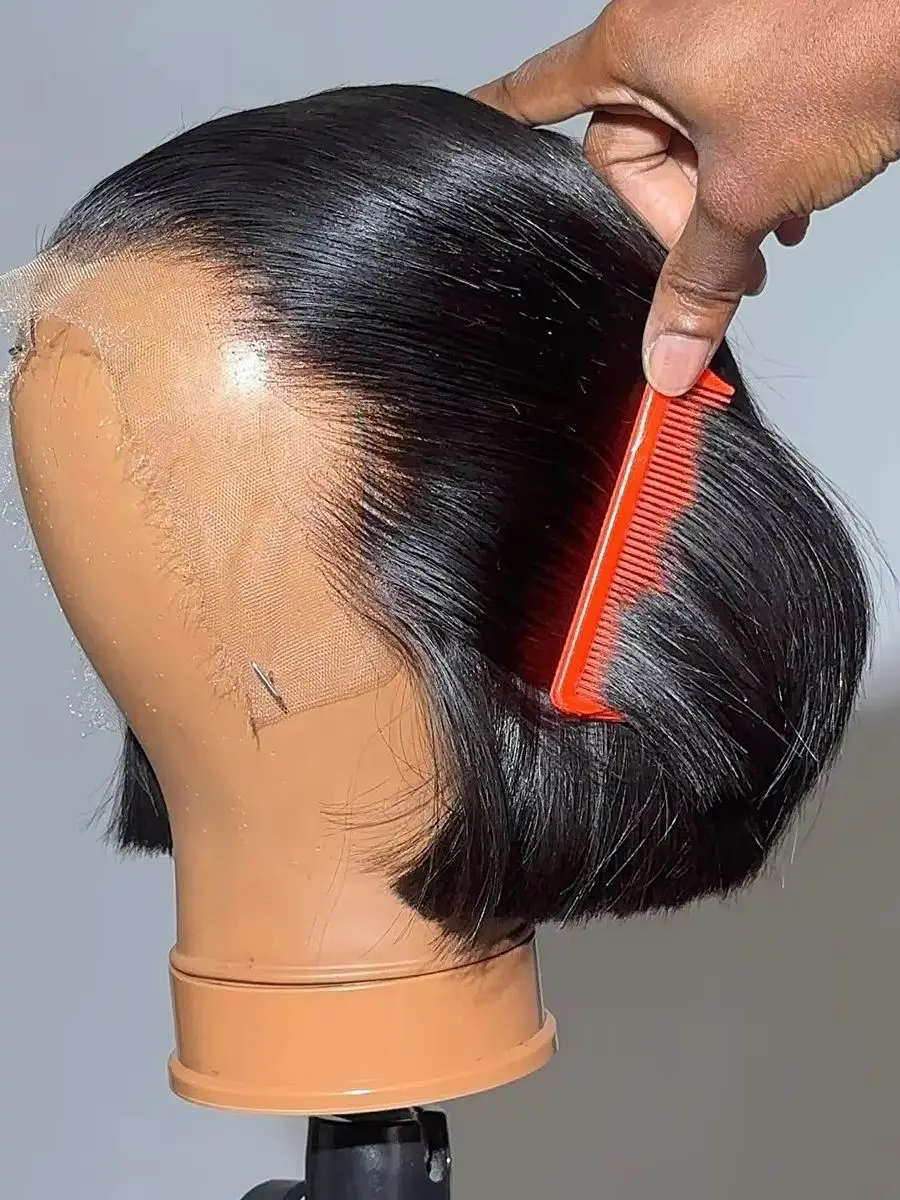 Bobpruik van echt haar, 200% dichtheid, 13x4 HD kantfront, kort, recht, kantfront bob pruiken voor zwarte vrouwen, echt haar, voorgeplukt - afbeelding 2