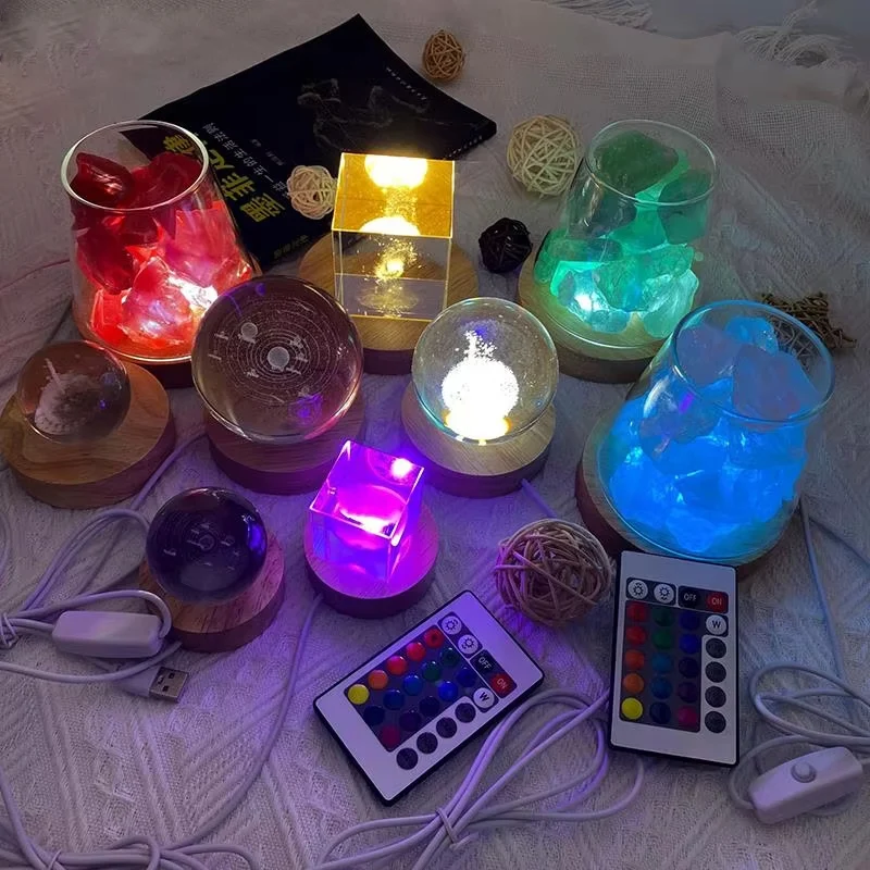 5/6/8/10CM LED Desktop Decorative Wooden Round Lamp Holder DIY Crystal Night Light Luminous Base USB Power With Remote Control