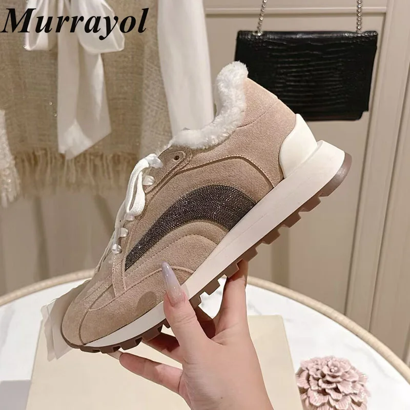Casual Shoes Flat Thick Sole Lace Up Women Round Toe String Bead Decor Real Wool Lining Winter Boots Vacation Walking Shoes