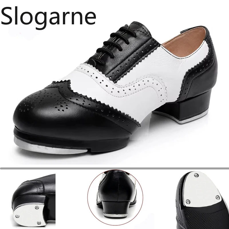 Men Retro Cowhide Tap Dance Shoes Man Cow Leather Jazz Tap Dancing Shoes Male 3CM Heels Tap Shoes Dance Sneakers Stage Footwear