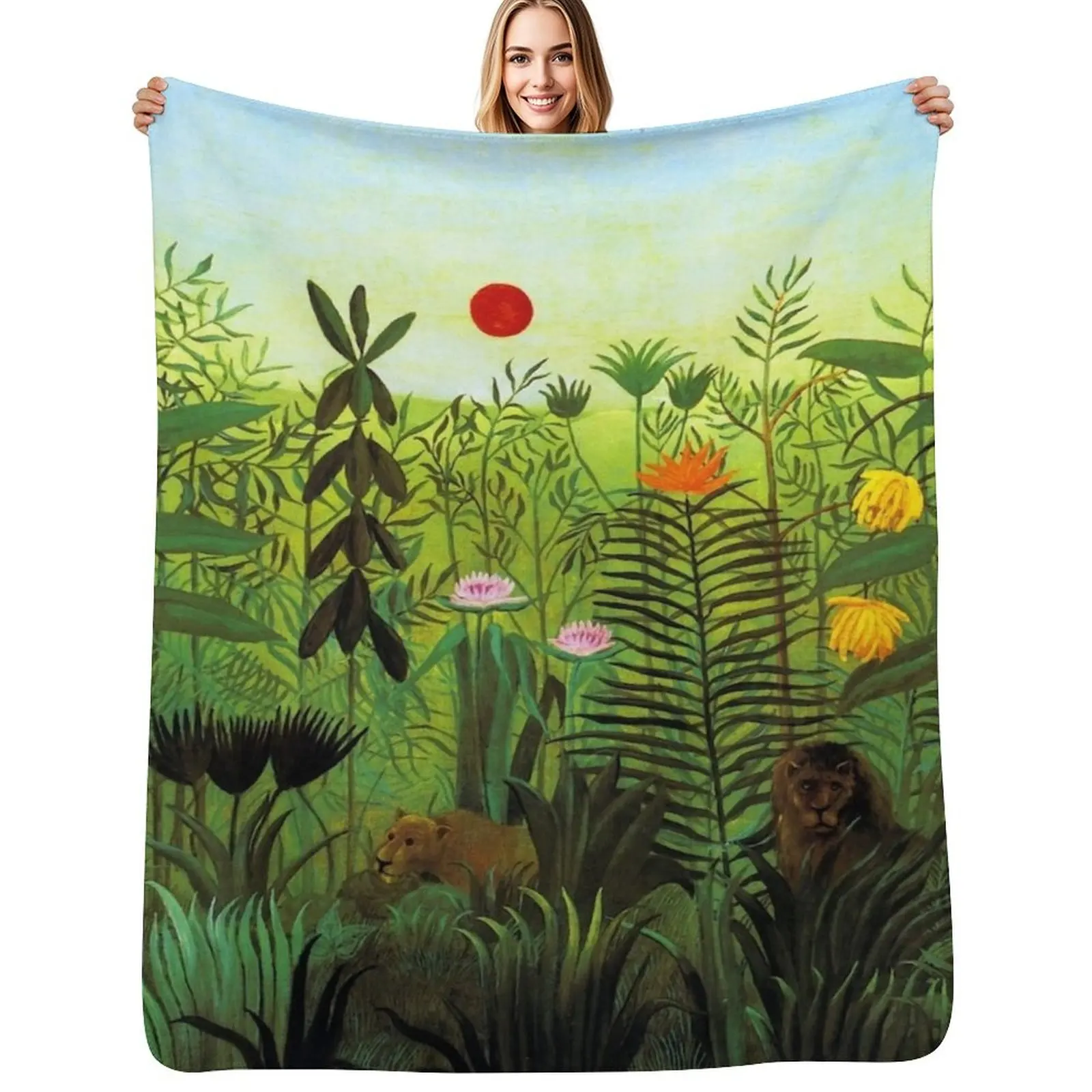 

Henri Rousseau Exotic Landscape with Lion and Lioness in Africa, 1903-1910 Throw Blanket Luxury St Vintage Blankets