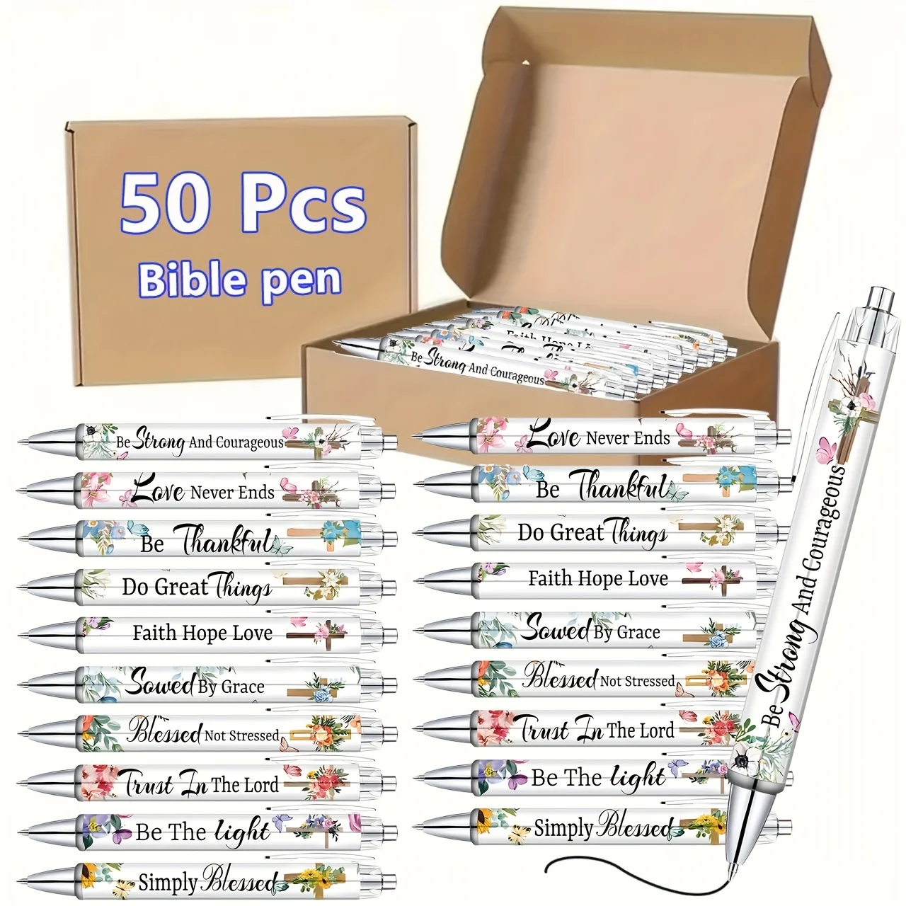 50 christliche Zitate, die zum Nachdenken anregen, auf einem Kugelschreiber, schwarze Tintenpatrone, religiöser Bibel-Schriftzug mit Blumenmuster, geeignet als Geschenk. – Detail 2